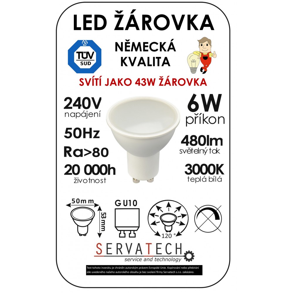 LED žárovka 6W / 43W 240V GU10 480lm 120° 20.000h teplá