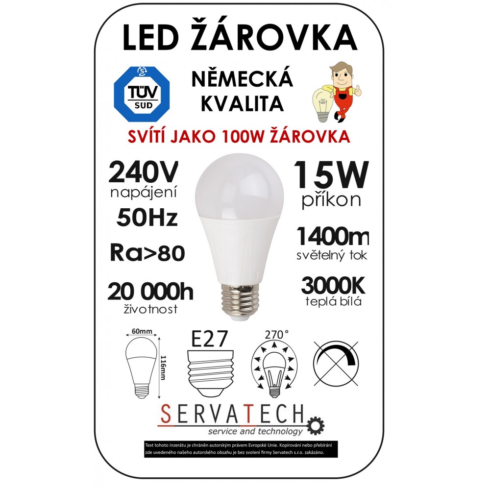 LED žárovka B60 15W / 100W 240V E27 1400lm 270° 20.000h teplá